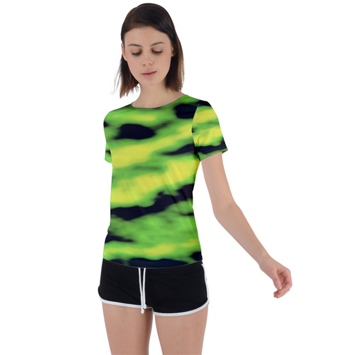 Green  Waves Abstract Series No12 Back Circle Cutout Sports Tee