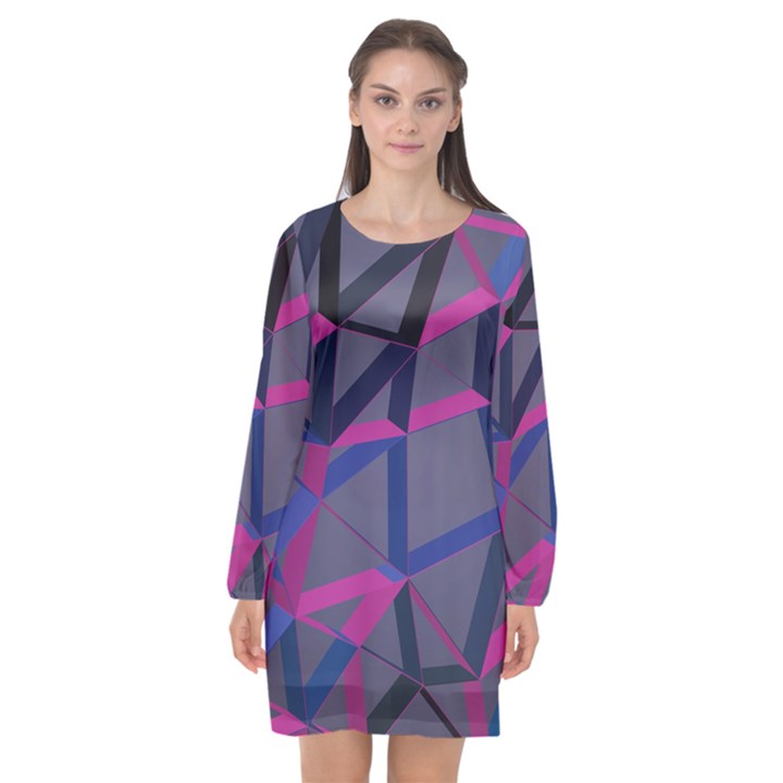 3d Lovely Geo Lines Long Sleeve Chiffon Shift Dress 