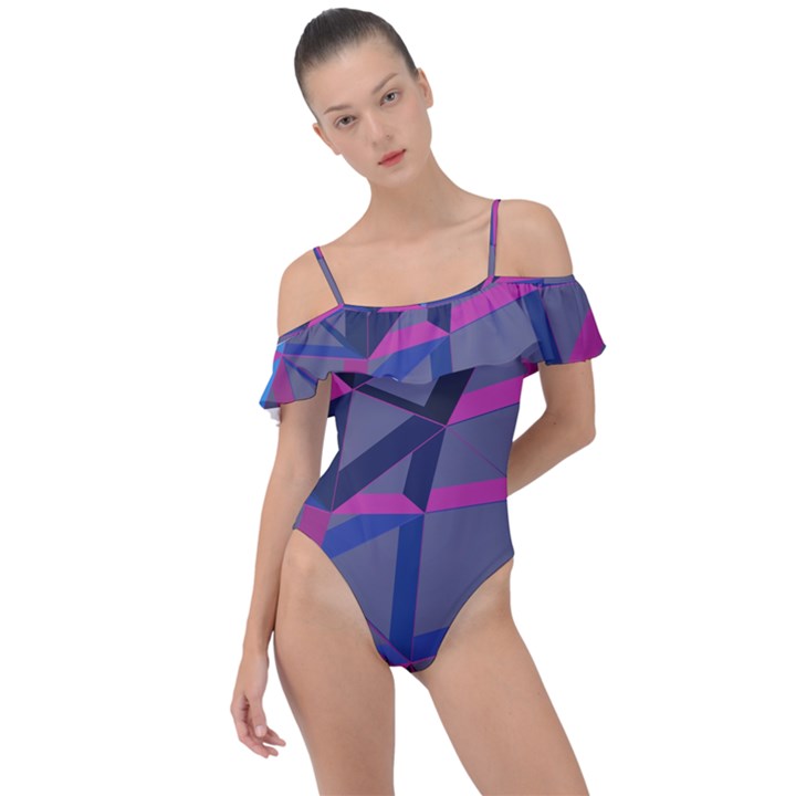 3d Lovely Geo Lines Frill Detail One Piece Swimsuit