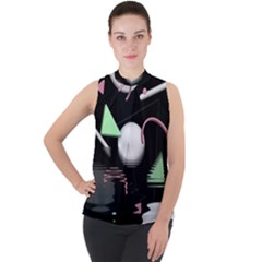 Digitalart Mock Neck Chiffon Sleeveless Top