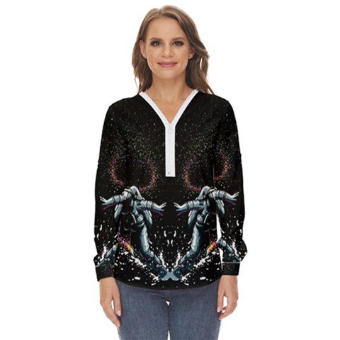 Digital Illusion Zip Up Long Sleeve Blouse by Sparkle