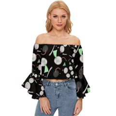 Digital Illusion Off Shoulder Flutter Bell Sleeve Top