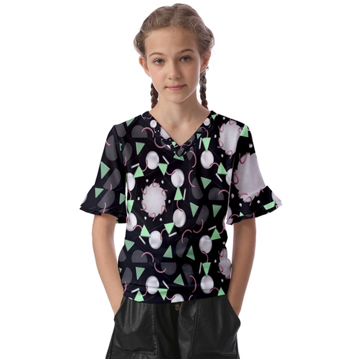 Digital Illusion Kids  V-Neck Horn Sleeve Blouse