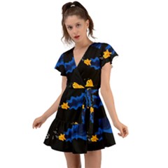 Digital Illusion Flutter Sleeve Wrap Dress