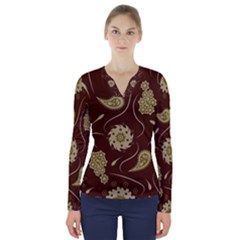 Floral Pattern Paisley Style  V-neck Long Sleeve Top by Eskimos