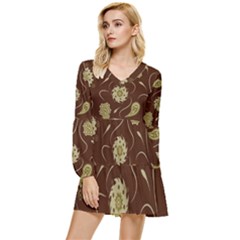 Floral Pattern Paisley Style  Tiered Long Sleeve Mini Dress