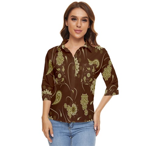 Floral Pattern Paisley Style  Women s Quarter Sleeve Pocket Shirt by Eskimos