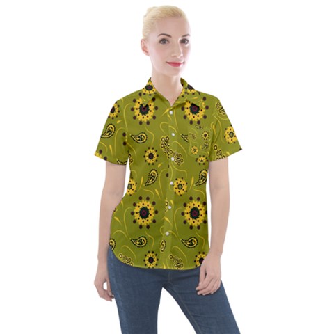 Floral Pattern Paisley Style  Women s Short Sleeve Pocket Shirt by Eskimos