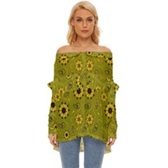 Floral Pattern Paisley Style  Off Shoulder Chiffon Pocket Shirt by Eskimos