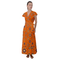 Floral Pattern Paisley Style  Flutter Sleeve Maxi Dress by Eskimos