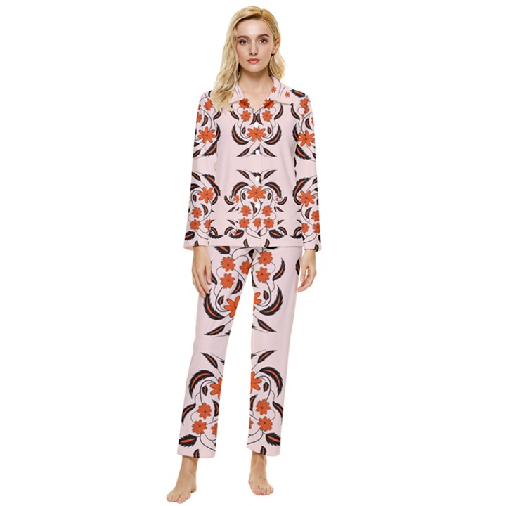 Floral folk damask pattern  Womens  Long Sleeve Velvet Pocket Pajamas Set