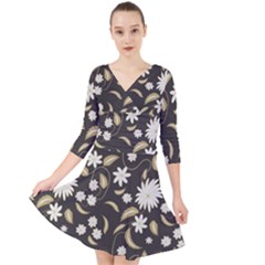 Folk Flowers Print Floral Pattern Ethnic Art Quarter Sleeve Front Wrap Dress by Eskimos