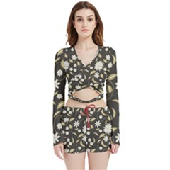 Folk Flowers Print Floral Pattern Ethnic Art Velvet Wrap Crop Top And Shorts Set by Eskimos