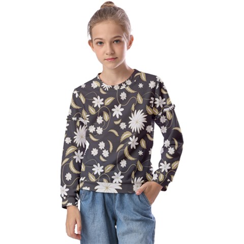 Folk Flowers Print Floral Pattern Ethnic Art Kids  Long Sleeve Tee With Frill  by Eskimos