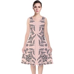 Floral Folk Damask Pattern  V-neck Midi Sleeveless Dress 