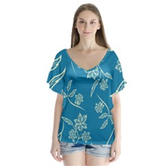 Folk Flowers Print Floral Pattern Ethnic Art V-neck Flutter Sleeve Top by Eskimos