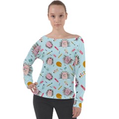 Hedgehogs Artists Off Shoulder Long Sleeve Velour Top by SychEva