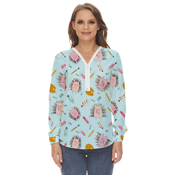 Hedgehogs Artists Zip Up Long Sleeve Blouse