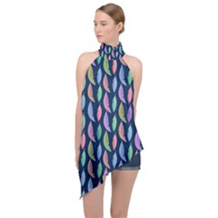 Colorful Feathers Halter Asymmetric Satin Top by SychEva