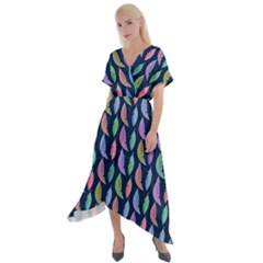 Colorful Feathers Cross Front Sharkbite Hem Maxi Dress by SychEva