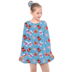 Cute Cats And Bears Kids  Long Sleeve Dress by SychEva