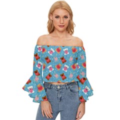 Cute Cats And Bears Off Shoulder Flutter Bell Sleeve Top by SychEva