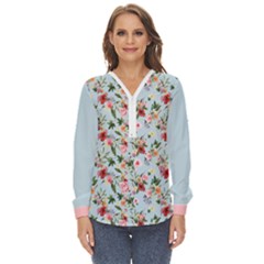 Boho Flower Light Blue Zip Up Long Sleeve Blouse