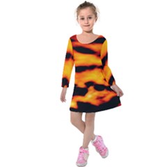 Orange Waves Abstract Series No2 Kids  Long Sleeve Velvet Dress by DimitriosArt