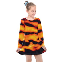 Orange Waves Abstract Series No2 Kids  Long Sleeve Dress by DimitriosArt