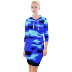 Blue Waves Abstract Series No11 Quarter Sleeve Hood Bodycon Dress by DimitriosArt