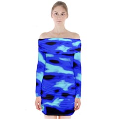 Blue Waves Abstract Series No11 Long Sleeve Off Shoulder Dress by DimitriosArt