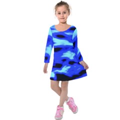 Blue Waves Abstract Series No11 Kids  Long Sleeve Velvet Dress by DimitriosArt