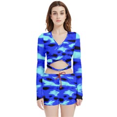 Blue Waves Abstract Series No11 Velvet Wrap Crop Top And Shorts Set by DimitriosArt