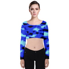 Blue Waves Abstract Series No11 Velvet Long Sleeve Crop Top by DimitriosArt