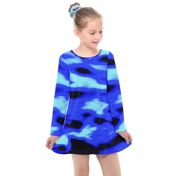 Blue Waves Abstract Series No11 Kids  Long Sleeve Dress