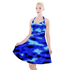 Blue Waves Abstract Series No11 Halter Party Swing Dress  by DimitriosArt