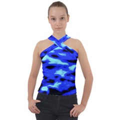 Blue Waves Abstract Series No11 Cross Neck Velour Top by DimitriosArt