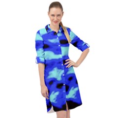 Blue Waves Abstract Series No11 Long Sleeve Mini Shirt Dress by DimitriosArt