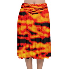 Red  Waves Abstract Series No14 Velvet Flared Midi Skirt by DimitriosArt