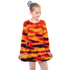 Red  Waves Abstract Series No14 Kids  Long Sleeve Dress by DimitriosArt