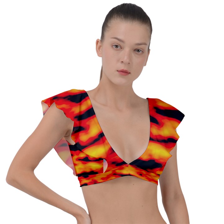 Red  Waves Abstract Series No14 Plunge Frill Sleeve Bikini Top