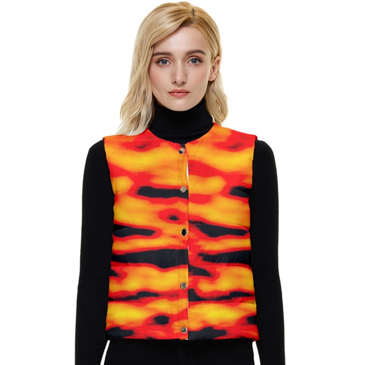 Red  Waves Abstract Series No14 Women s Short Button Up Puffer Vest