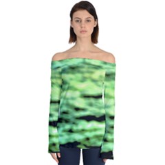 Green  Waves Abstract Series No13 Off Shoulder Long Sleeve Top by DimitriosArt