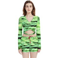 Green  Waves Abstract Series No13 Velvet Wrap Crop Top And Shorts Set by DimitriosArt