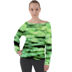 Green  Waves Abstract Series No13 Off Shoulder Long Sleeve Velour Top by DimitriosArt