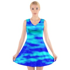 Blue Waves Abstract Series No12 V-neck Sleeveless Dress by DimitriosArt