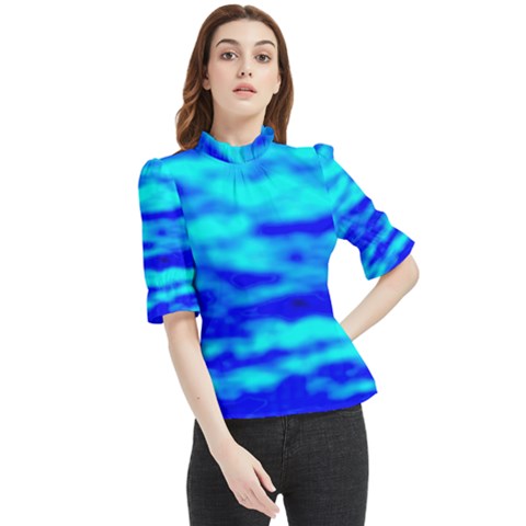 Blue Waves Abstract Series No12 Frill Neck Blouse by DimitriosArt