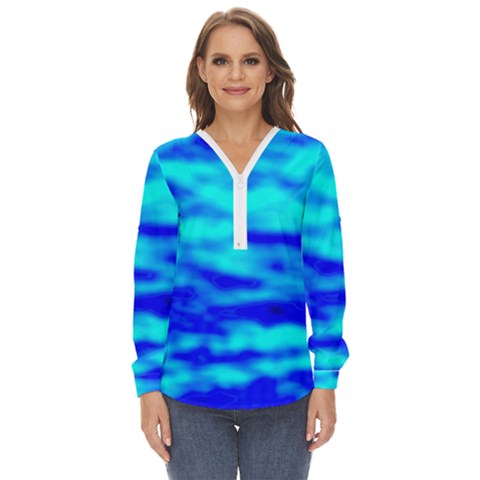 Blue Waves Abstract Series No12 Zip Up Long Sleeve Blouse by DimitriosArt