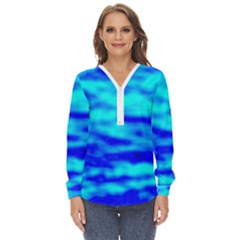 Blue Waves Abstract Series No12 Zip Up Long Sleeve Blouse