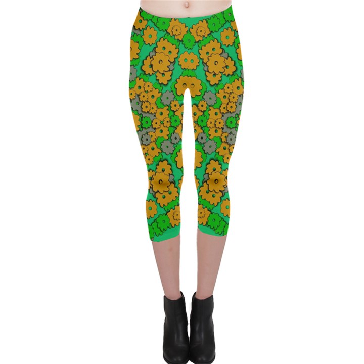 Stars Of Decorative Colorful And Peaceful  Flowers Capri Leggings 